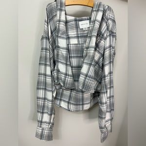 AE cropped hooded distressed flannel shirt
